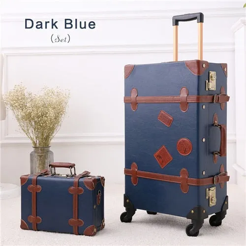 12" 20" 22" 24" 26" Drak Blue Retro Trolley Suitcase, 2Pcs/Set Vintage Travel Trolley Luggage