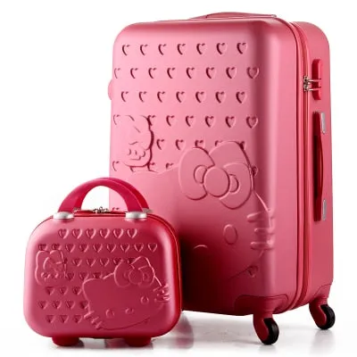 14 24 Inch Pink Women Cartoon Hello Kitty Suitcase Set,Spinner Rolling Luggage Sets,Trolley Luggage