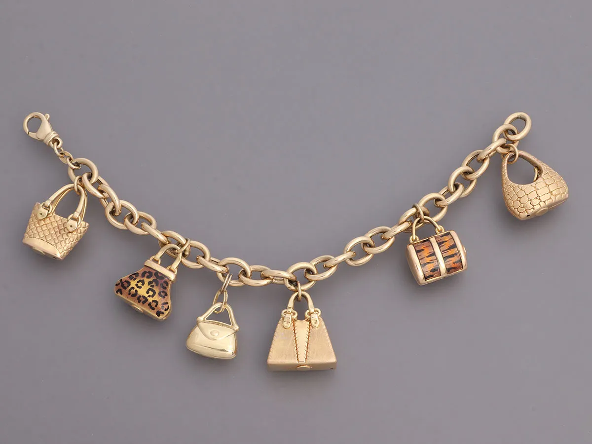 14K Yellow Gold and Enamel Handbag Charm Bracelet