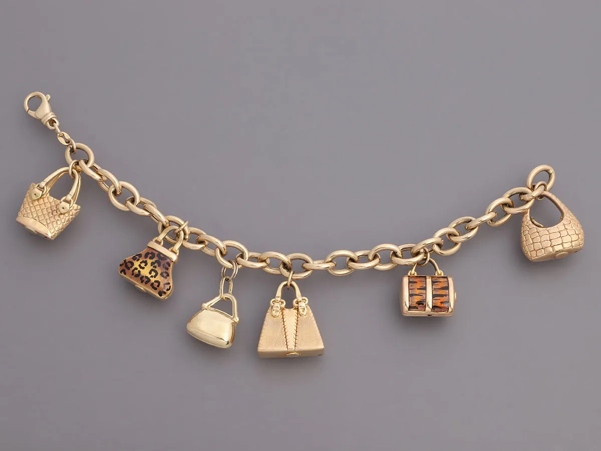 14K Yellow Gold and Enamel Handbag Charm Bracelet