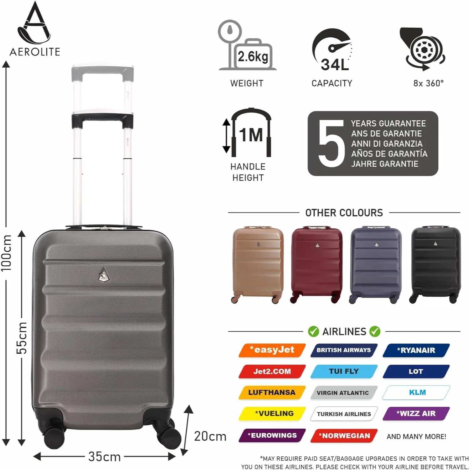 Aerolite 55cm (55x35x20cm) Lightweight Hard Shell 21" Cabin Suitcase   Aerolite 29" Large (79x58x31cm) Suitcase, 127L with 8 Wheels