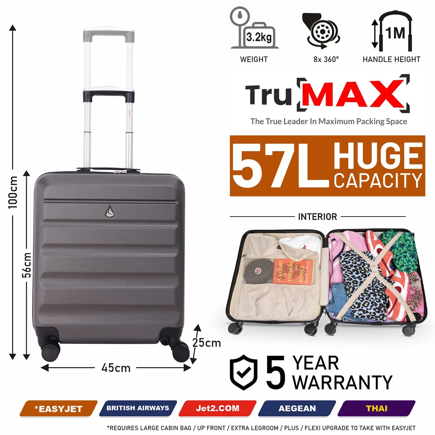 Aerolite 56x45x25cm Easyjet Large Cabin, British Airways, Jet2 Maximum Allowance 8 Wheel Suitcase, Ultra Lightweight Carry On Hand Cabin Luggage Suitcase with Built-In TSA Approved Lock, 57L Capacity (Set of 2)