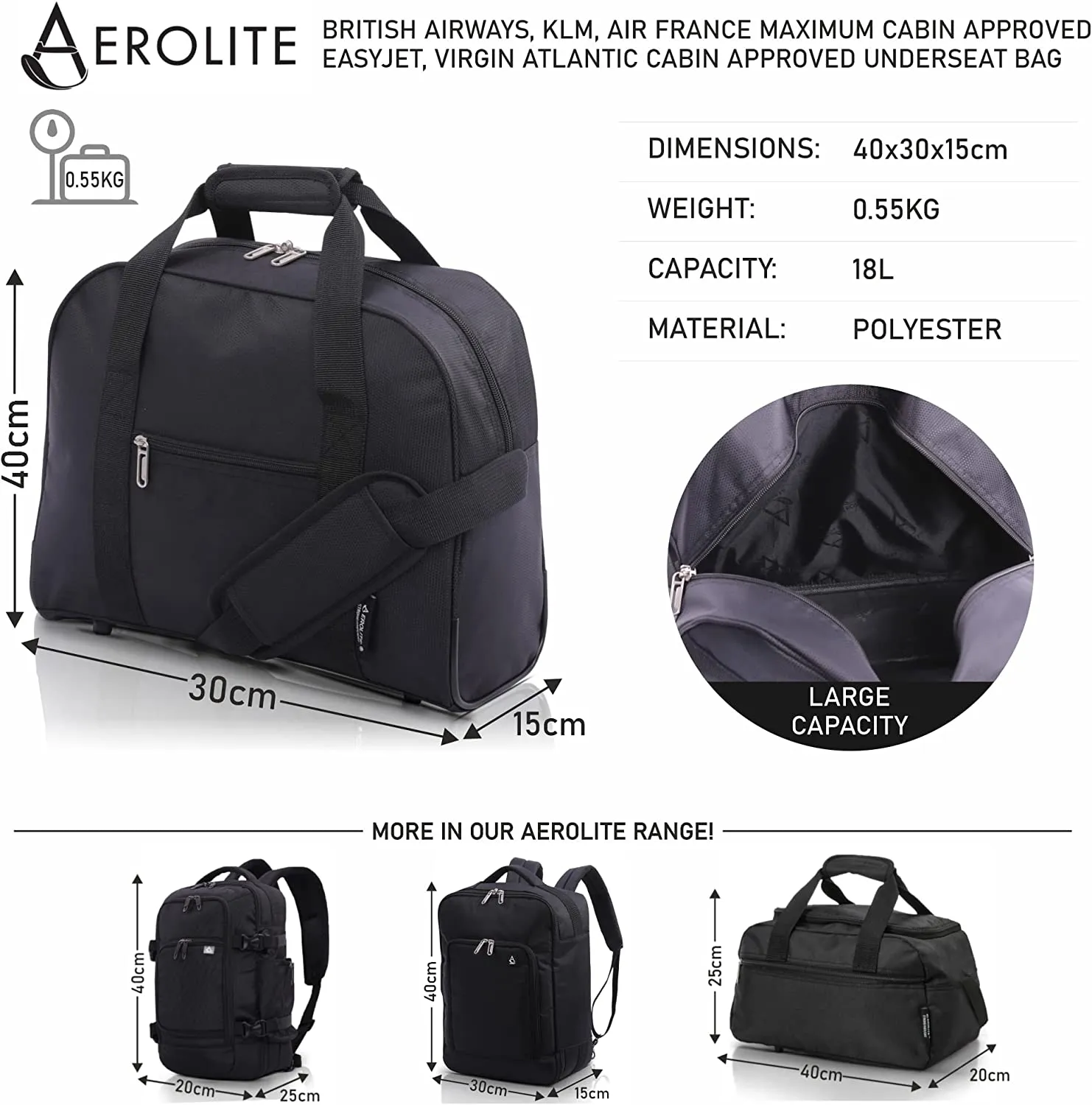 Aerolite British Airways Maximum Size Bundle, 56x45x25cm Large Cabin Softshell Suitcase & 40x30x15cm Under Seat Holdall