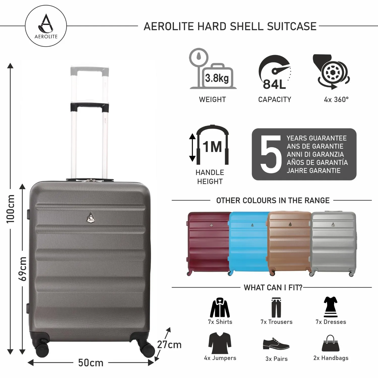 Aerolite Hard Shell 3 Piece Lightweight Suitcase Complete Luggage Set (Cabin 21"   Medium 25"  Large 29" Hold Luggage Suitcase)