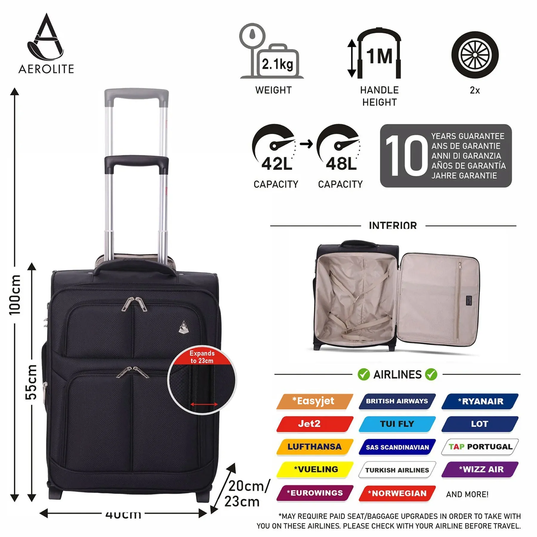 Aerolite Ryanair Bundle Expandable (55x40x20cm) to (55x40x23cm) Ryanair (Priority) Maximum Lightweight Cabin Suitcase and (40x20x25cm) Ryanair Maximum Underseat Holdall