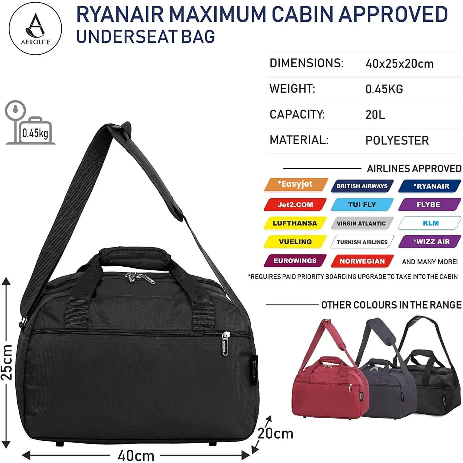 Aerolite Ryanair Bundle Expandable (55x40x20cm) to (55x40x23cm) Ryanair (Priority) Maximum Lightweight Cabin Suitcase and (40x20x25cm) Ryanair Maximum Underseat Holdall