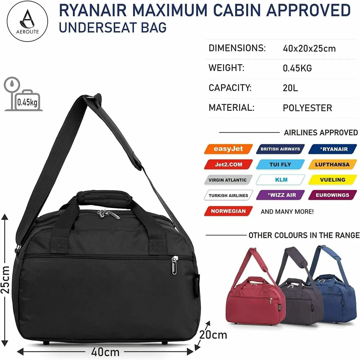 Aerolite Ryanair Maximum Bundle (55x40x20 Suitcase   40x20x25 Holdall) 2-Piece Carry On Hand Cabin Luggage Set Bundle