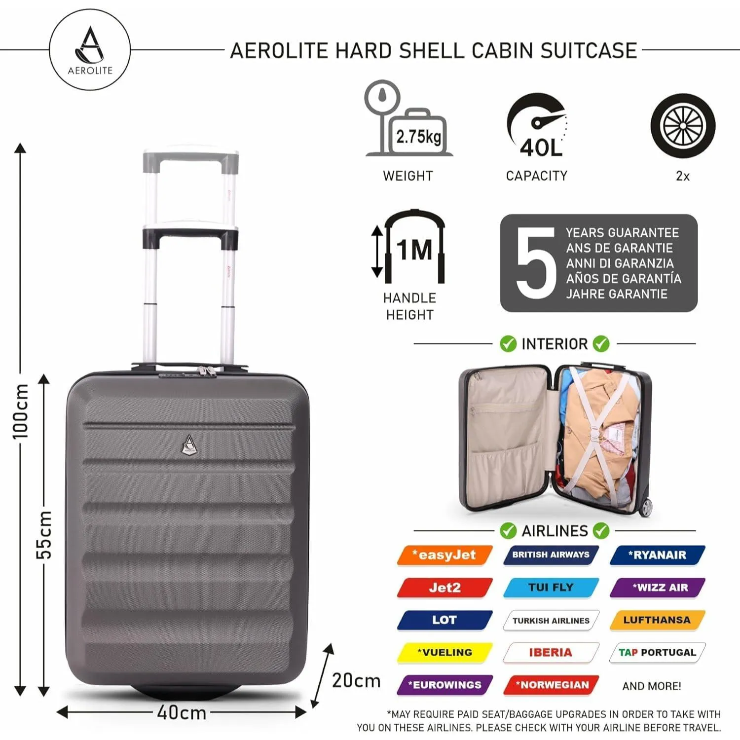 Aerolite Ryanair Maximum Bundle (55x40x20 Suitcase   40x20x25 Holdall) 2-Piece Carry On Hand Cabin Luggage Set Bundle