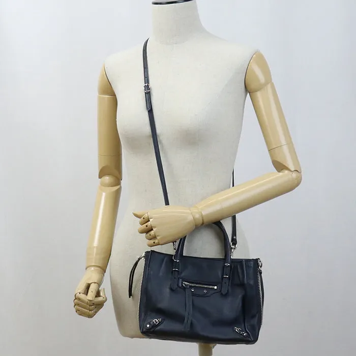 BALENCIAGA 357333 Paper mini 2way Handbag shoulder bag leather navy Women