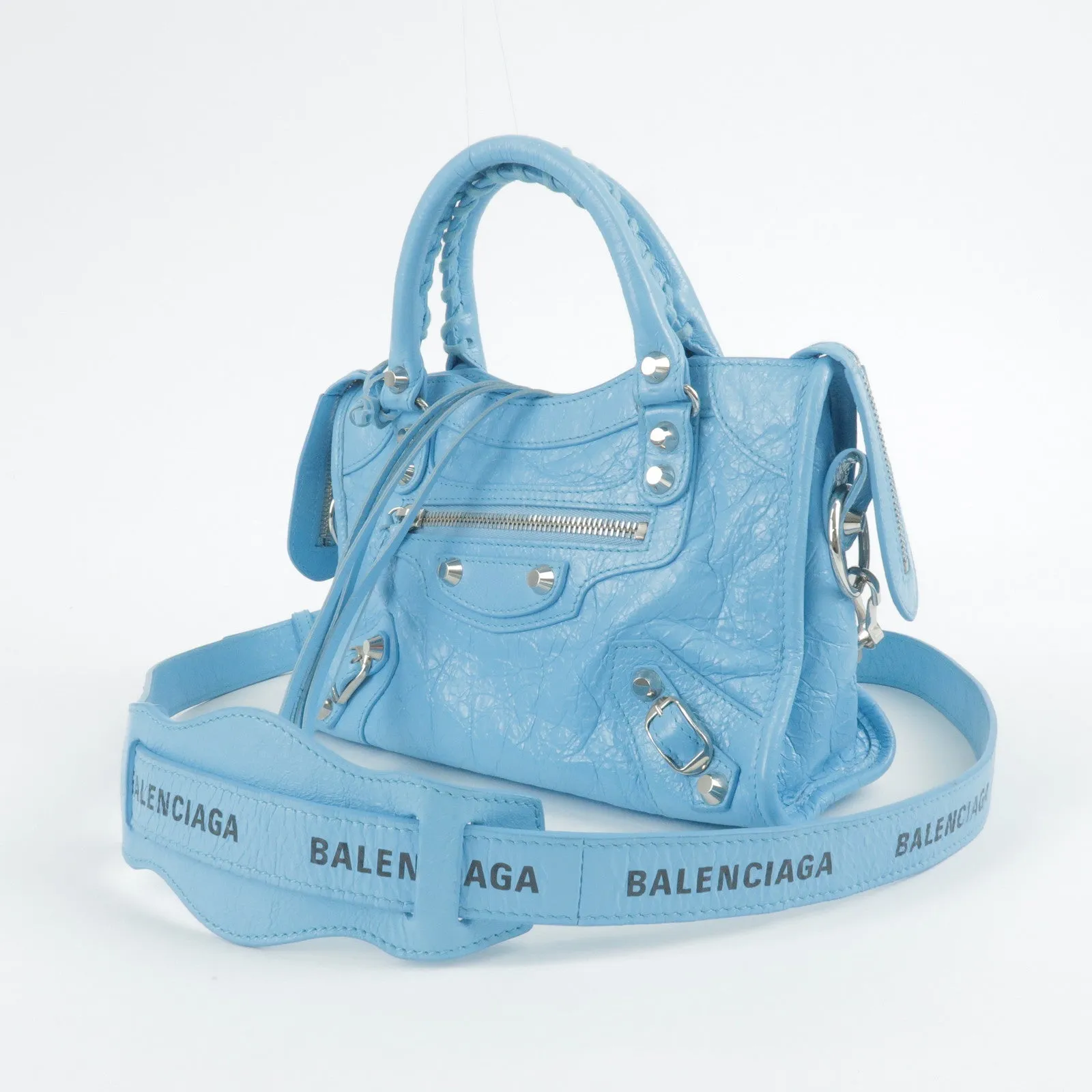 BALENCIAGA Leather Classic Mini City 2Way Bag Blue 300295