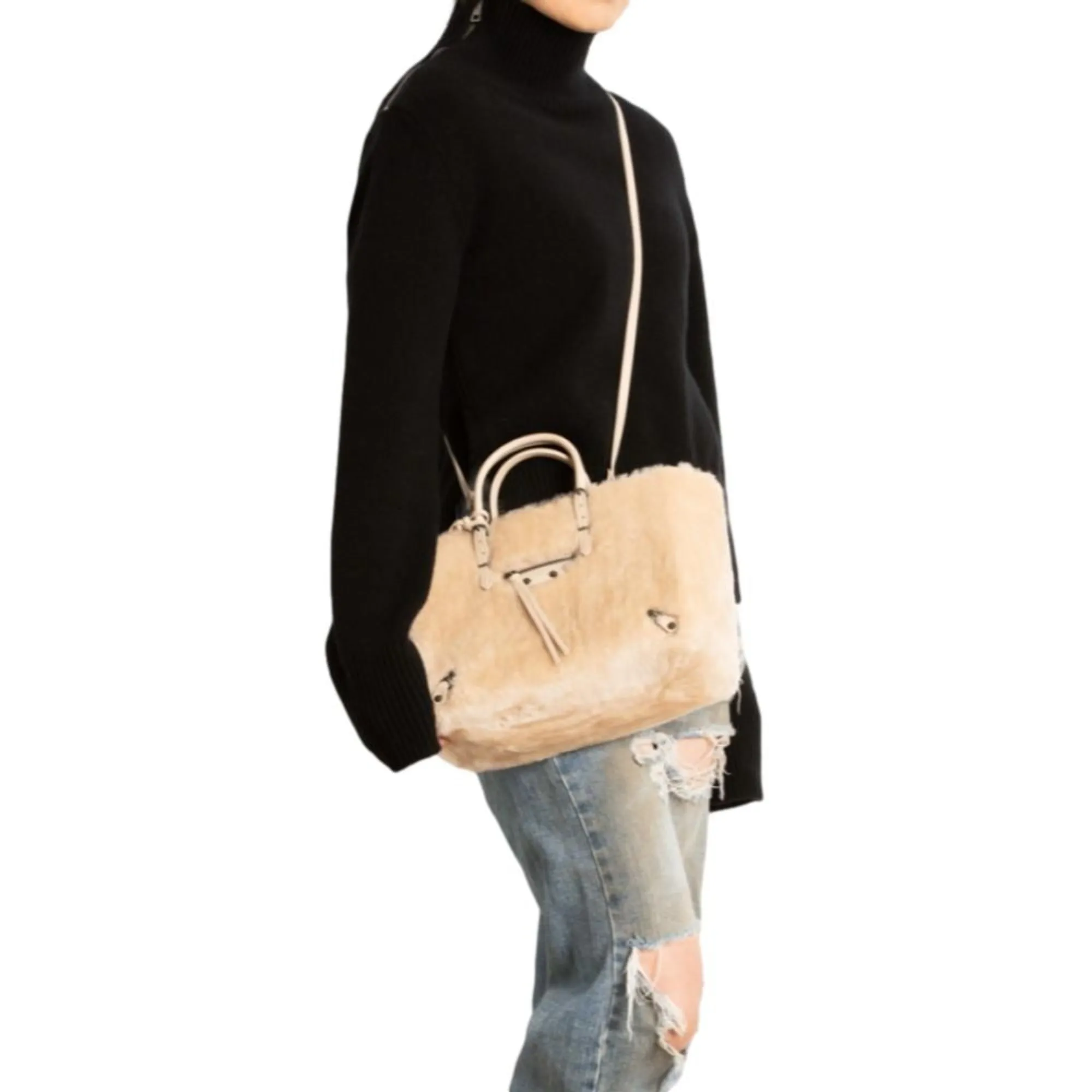 Balenciaga Papier Merino Lamb Wool Tapioca Beige Satchel