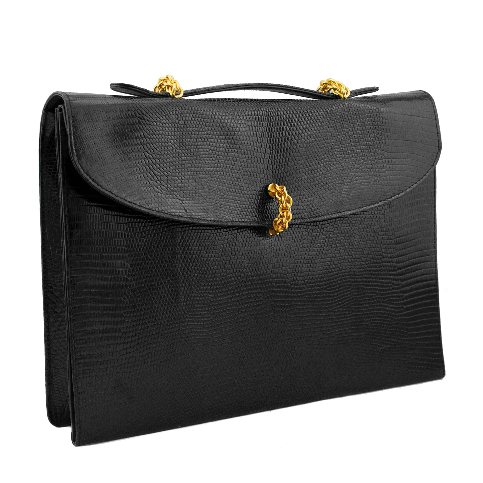 Black Patterned Leather and Gold Hardware Briefcase