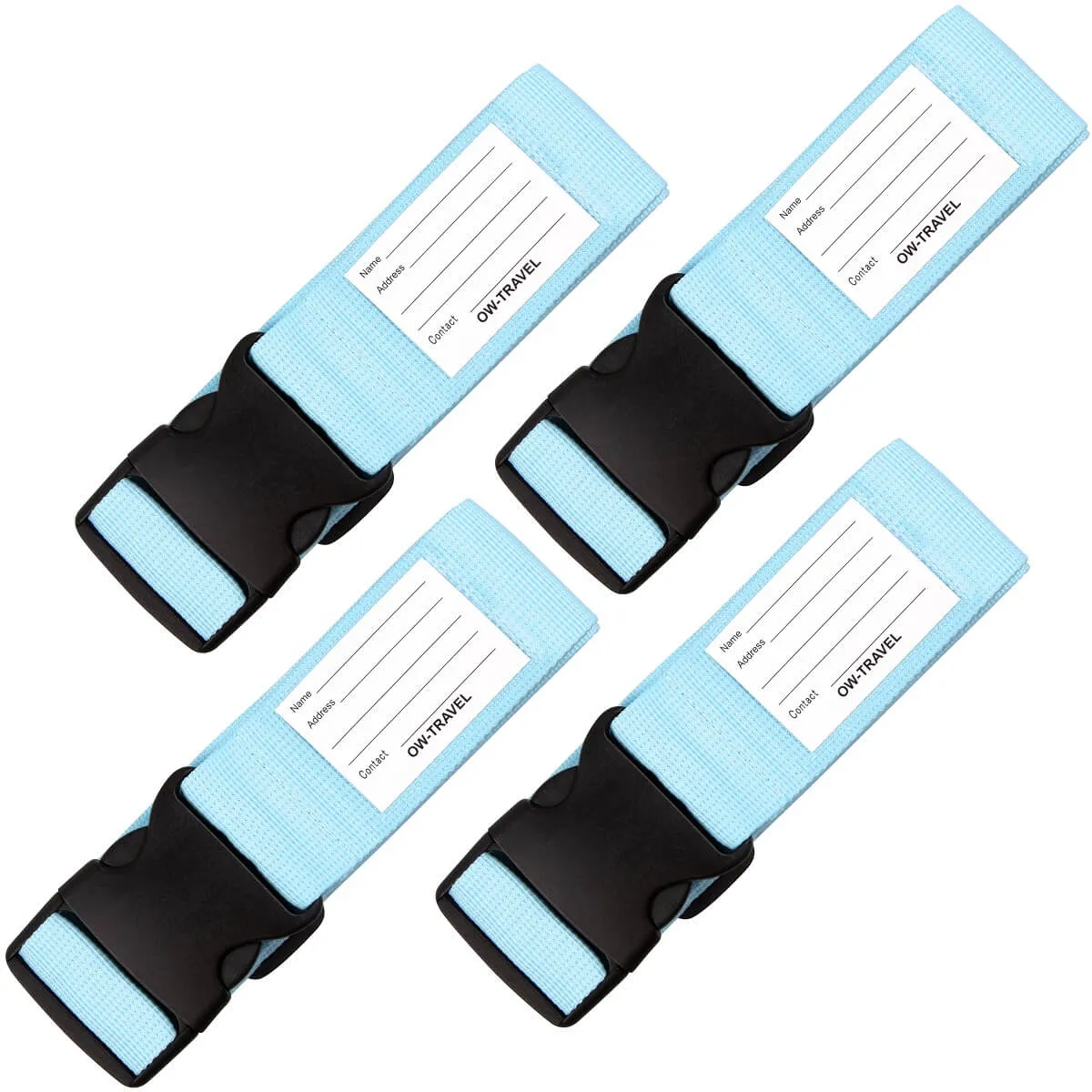 Blue luggage strap suitcase belts with personalised baggage label tag