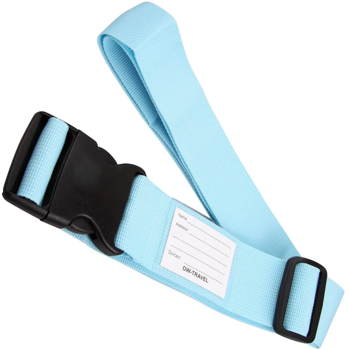 Blue luggage strap suitcase belts with personalised baggage label tag