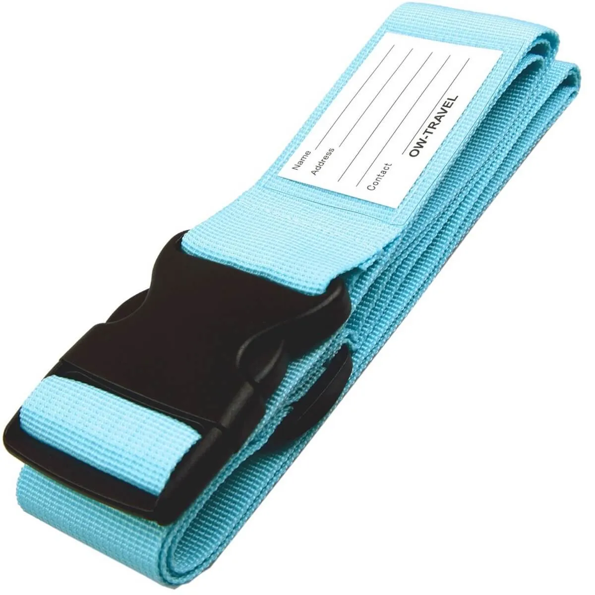 Blue luggage strap suitcase belts with personalised baggage label tag