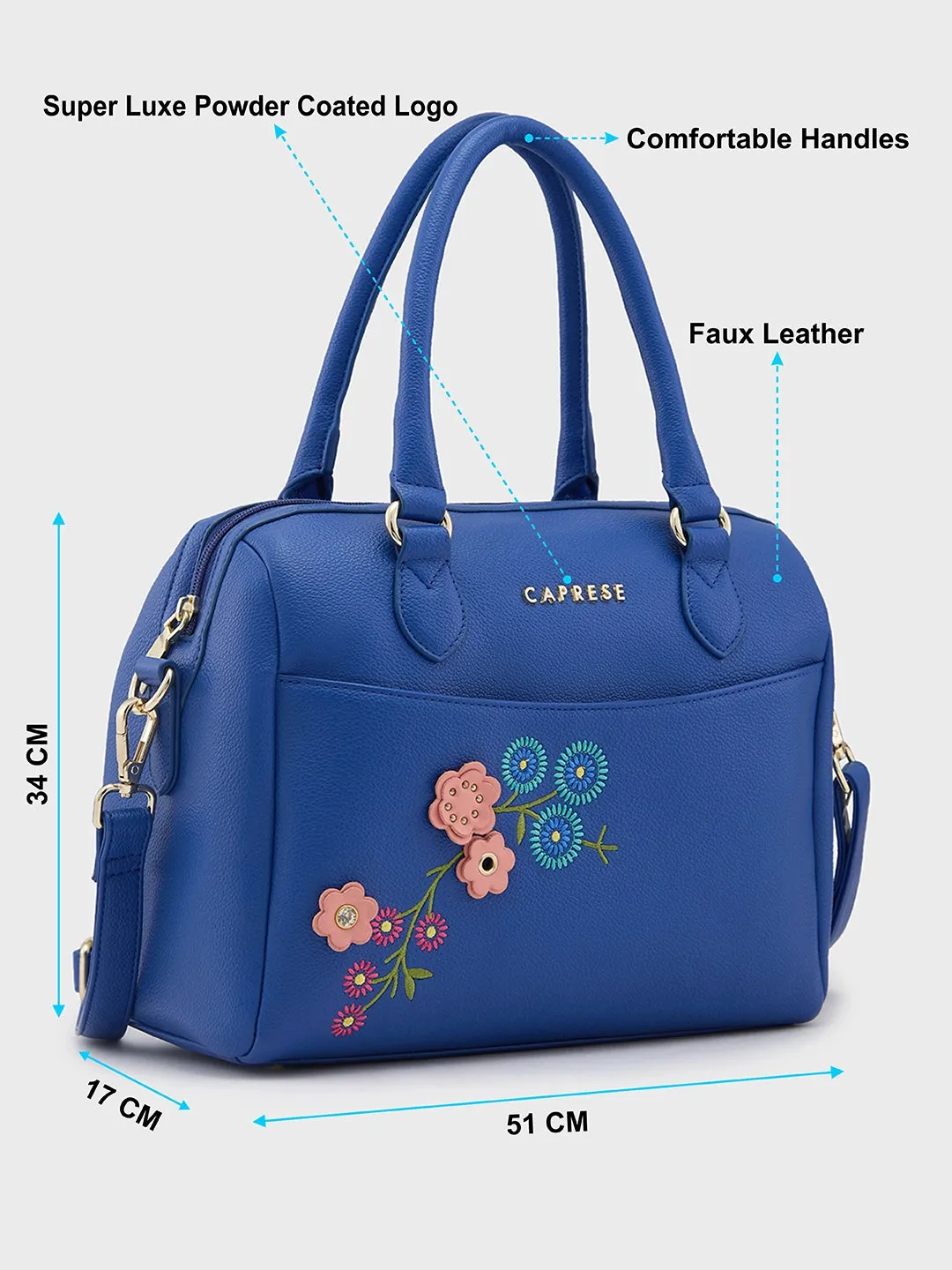 Caprese Erica Satchel Medium Blue Embroidered Women'S Handbag Blue