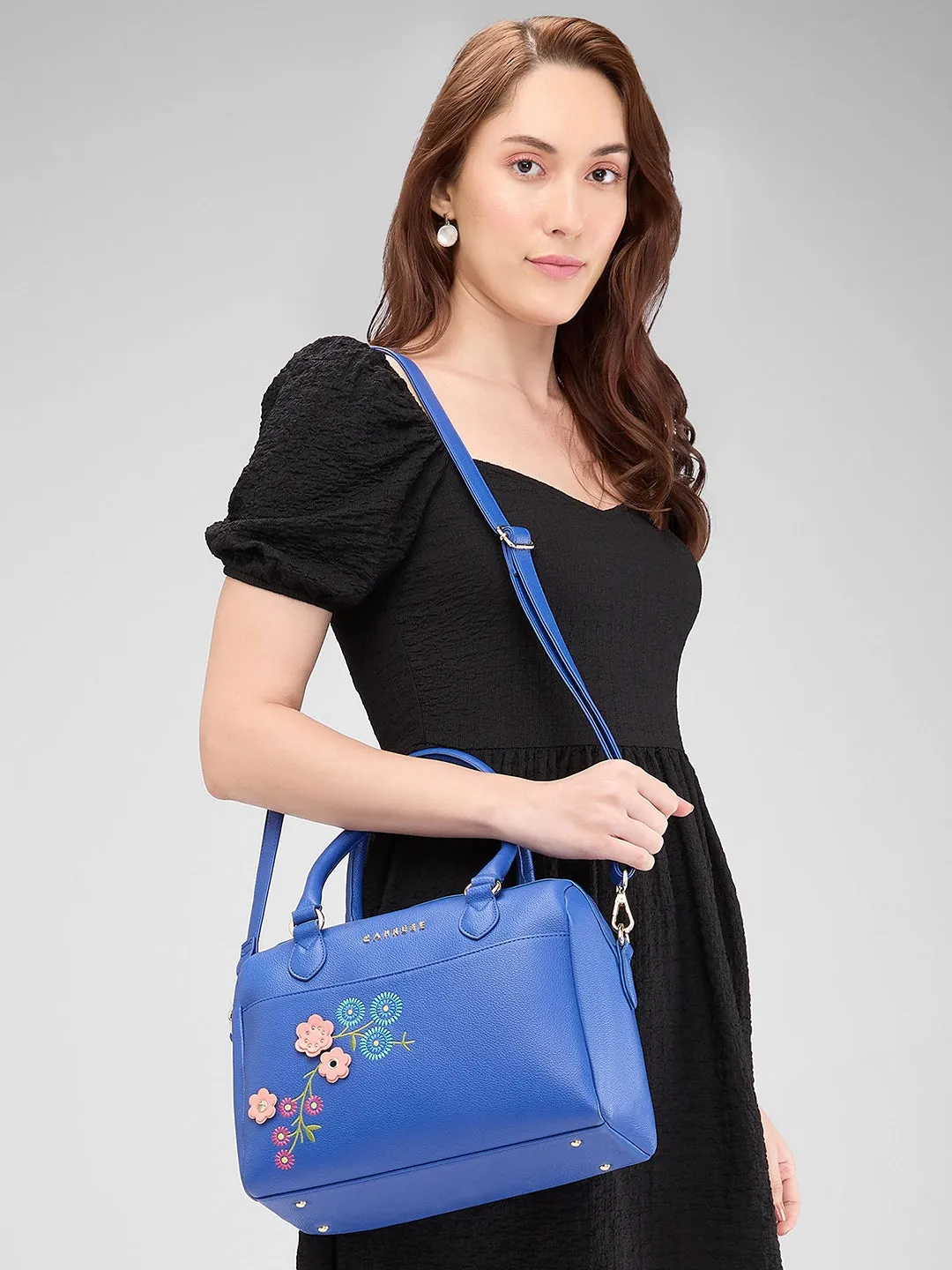 Caprese Erica Satchel Medium Blue Embroidered Women'S Handbag Blue