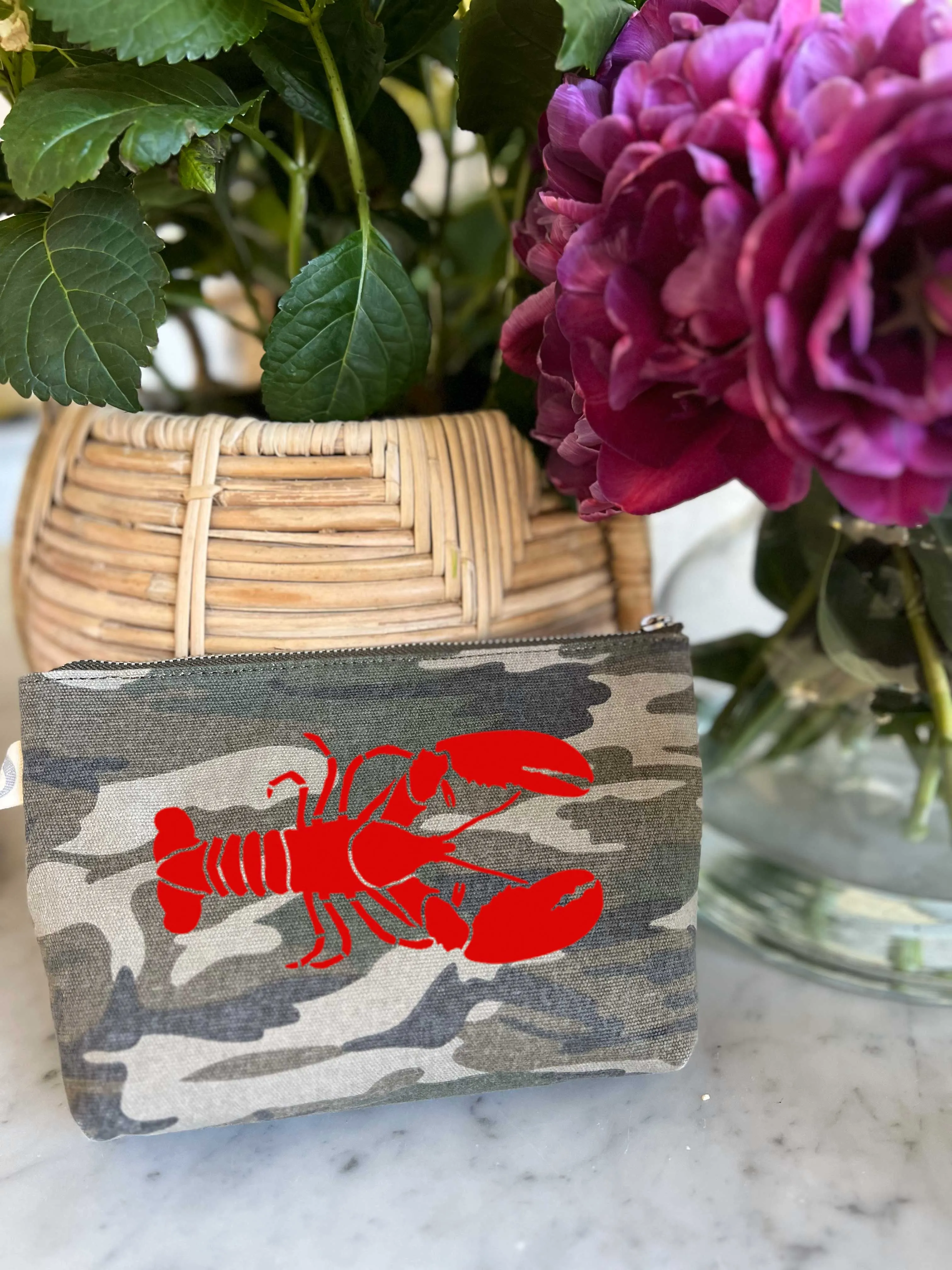 Makeup Bag Green Camo with Red Lobster