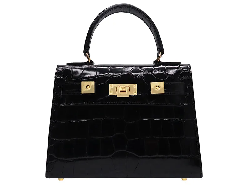 Maya Midi Orinoco 'Croc' Print Calf Leather Handbag - Black