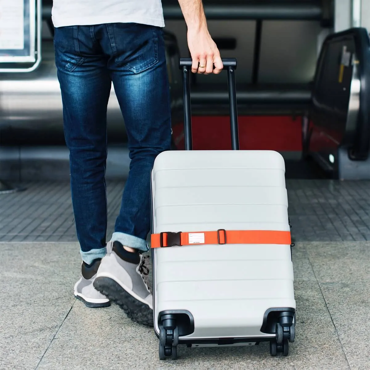 Orange luggage strap suitcase belts with personalised baggage label