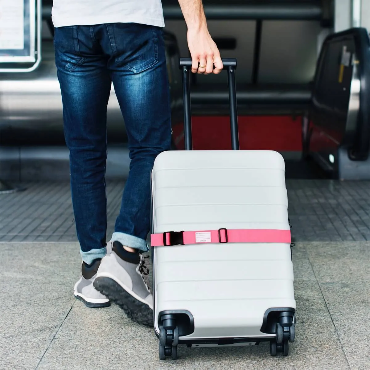 Pink luggage strap suitcase belts with personalised baggage label tag